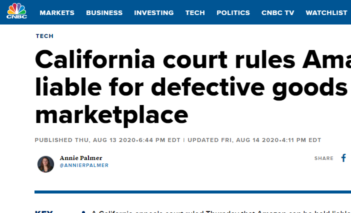  California court rules Amazon can be liable for defective goods sold on its marketplace