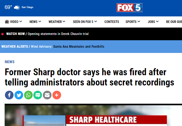  Former Sharp doctor says he was fired after telling administrators about secret recordings
