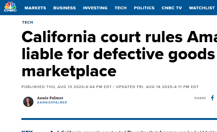 California court rules Amazon can be liable for defective goods sold on its marketplace