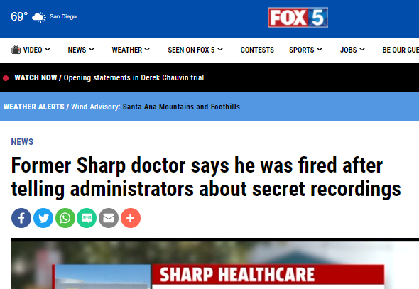 Former Sharp doctor says he was fired after telling administrators about secret recordings